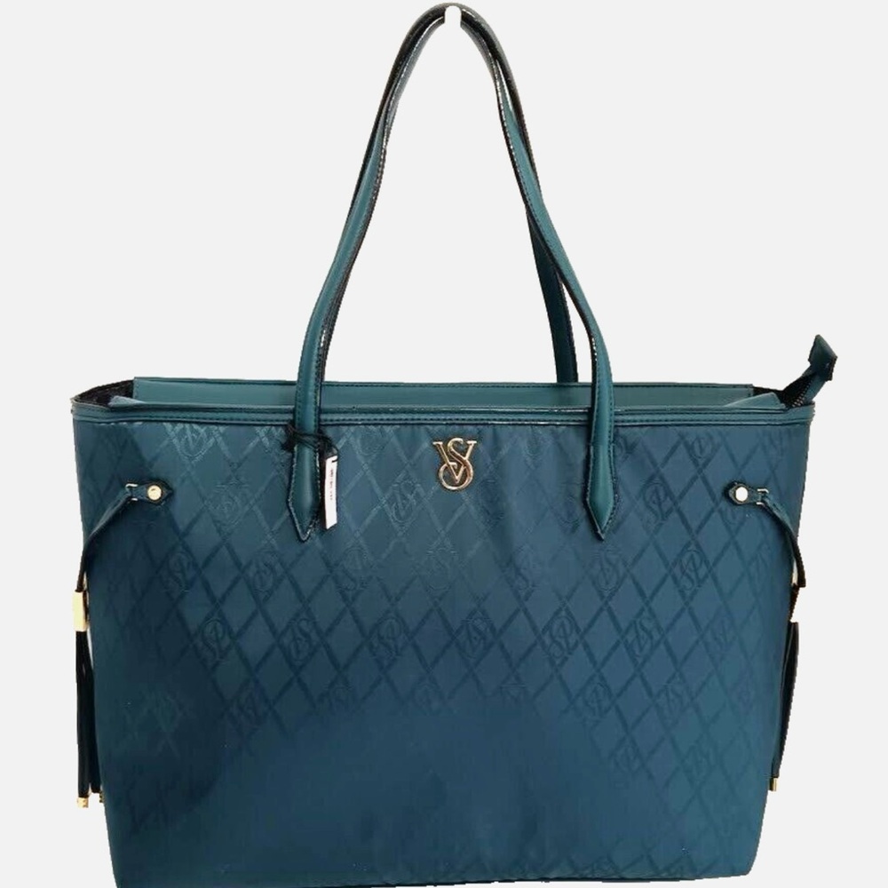 Victoria's Secret Large Emerald Green Tote Bag with Silver Hardware